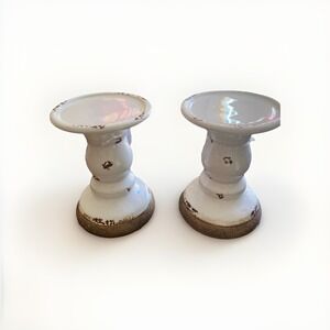 2 White Ceramic White Painted Brown Specks‎ Candle Sticks Brand New